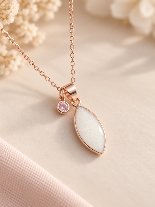 Rose gold marquise keepsake necklace preserved with breastmilk 