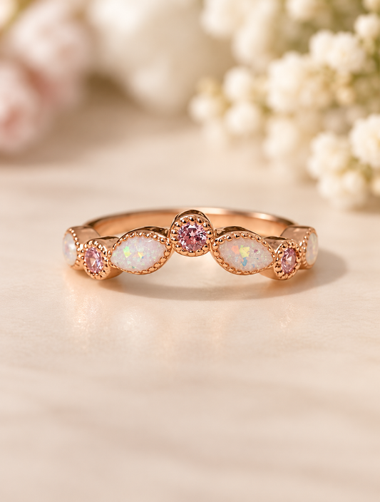 Rose gold birthstone ring with preserved breastmilk encased 