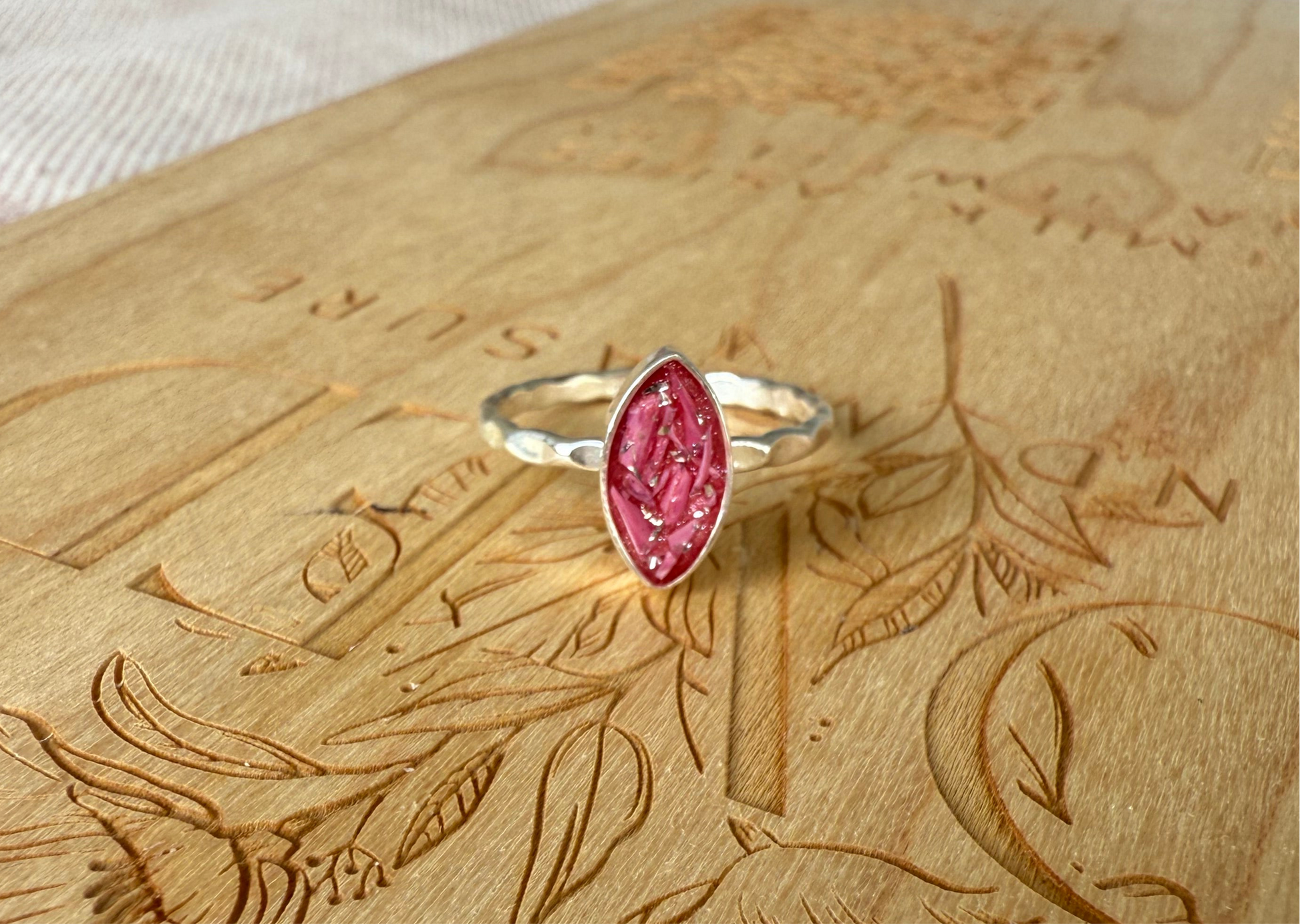 Hammered Marquise Keepsake Ring - Memory Jewelry in Silver & Gold