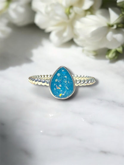Sterling silver tear drop ring with cremation ashes. 