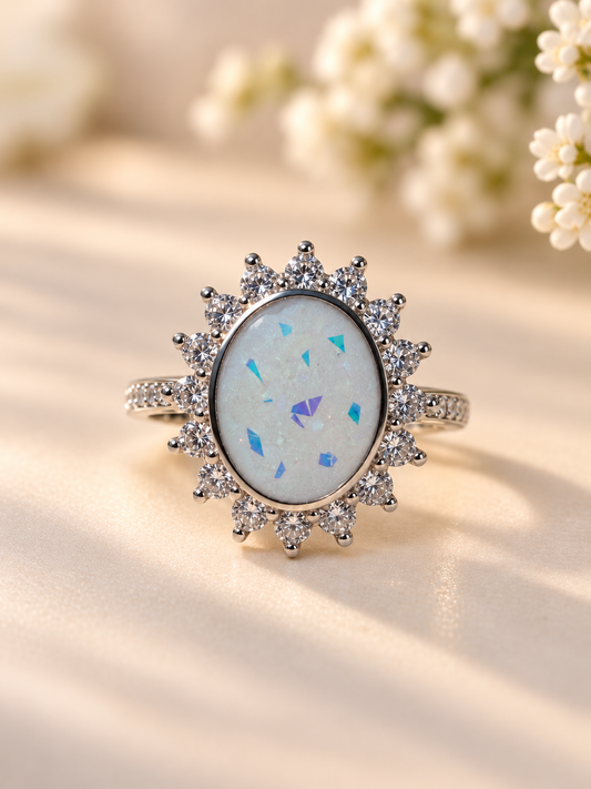 Oval breastmilk keepsake ring with a sparkling crystal halo and a sterling silver band.
